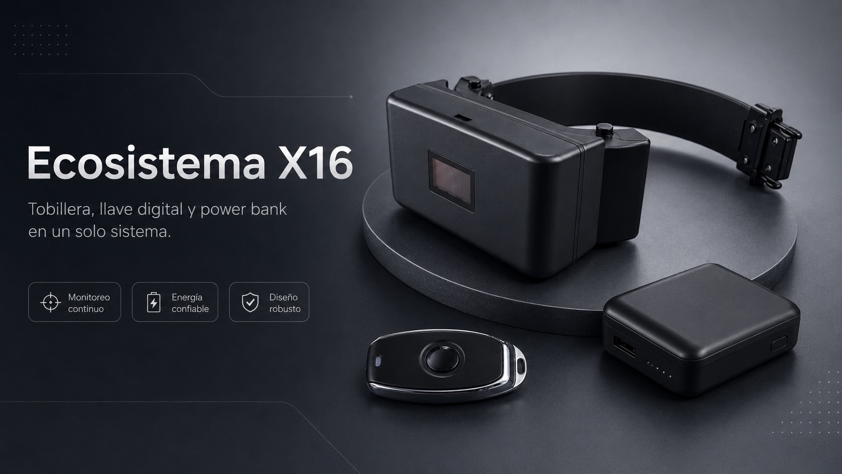 Ecosistema X16 — tobillera, llave digital y power bank en un solo sistema